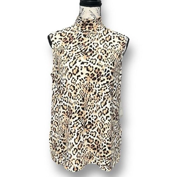 Chico’s 1 (M) Brown Tan Leopard Animal Print Sleeveless Mock Neck Top Resort NWT - Picture 2 of 7